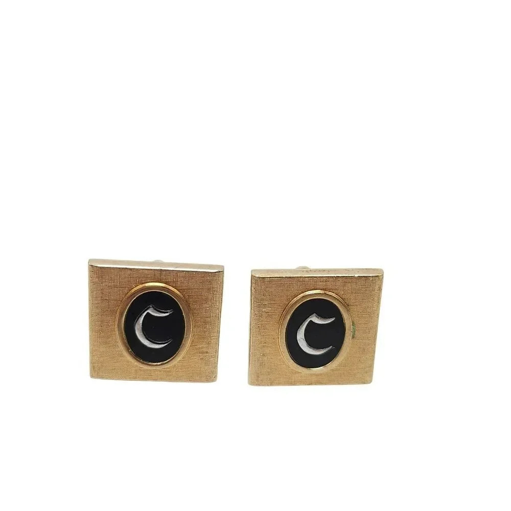 Textured Black Enamel Monogram Initial C Square Cufflinks Gold Tone Vintage
